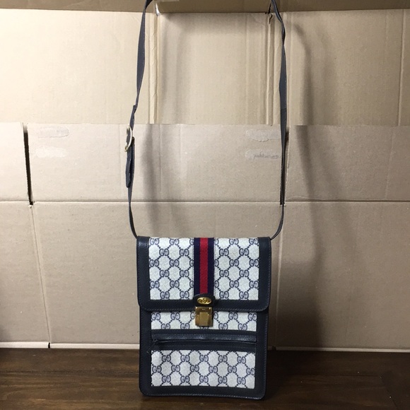 GUCCI GG Ophidia Sherryline Stripe Navy Leather Grey Coated Canvas Crossbody Bag - Picture 17 of 17